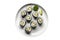 Tofu And Avocado Sushi Rolls On White Plate, On White Background