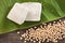 Tofu with soybean on wooden background.