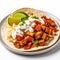 Tofu taco with sour cream and tomatoes on a white plate
