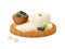 Tofu on wood board, soybean, olive. Composition of sliced feta in cartoon style. Vegetarian healthy food. Greek