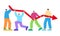 Together holding chart decrease going down arrow red cooperation teamwork colorful action teen casual flat style