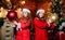 Togetherness concept. Festive atmosphere christmas day. Decorate christmas tree together. Girls sisters santa claus