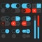 Toggle switch set, dark theme. On and Off blue sliders. Template for app and website.