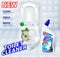 Toilet antibacterial, detergent cleaner ad poster including green microbes