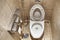 Toilet bowl in the interior of the toilet room finished with sand tiles. View from above