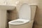 Toilet bowl in modern bathroom in light beige color