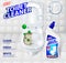 Toilet cleaner banner ads, effect of cleaner before and after. Green virus escaping from shining toilet bowl. Detergent