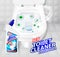 Toilet cleaner gel banner ads. Realistic clean shiny toilet bowl top view with disinfectant container. Vector