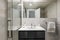 Toilet with gloss black lacquered wooden cabinet with white resin sink,