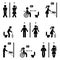 Toilet icon stick figure man, woman silhouette pictogram vector. Funny pee, baby diaper change room, handicap disable person signs