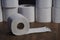 Toilet paper wall with many rolls. before a lonely roll. Soft hygienic paper. Background