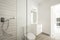 Toilet with shower and white sink, rectangular mirror