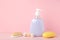 Toiletries baby on pink background. Baby shower gel