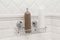 Toiletries bottles on suction cups compact bath shelf, fixing on tiled wall without drilling