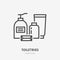 Toiletries, cosmetic flat line icon. Spa hotel service vector illustration. Thin sign of soap bottle, shampoo, lotion