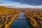 Tokaj, Hungary - Aerial view of the town of Tokaj with bridges over River Tisza, golden vineyards on the hills of wine region