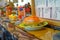 TOKYO, JAPAN -28 JUN 2017: Close up of assorted japanesse food over a table, inside of a kaitenzushi conveyor belt sushi