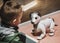 TOKYO, JAPAN - APR 14, 2019 :  Aibo Robotic pet designed and manufactured by Sony Humanoid robot interaction with Kids