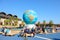 Tokyo, Japan - April 2, 2015 : Globe model round structure on fountain park in disney sea