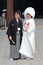 Tokyo, Japan - August 5th, 2017: Japanese couple on their wedding day at Meiji Jingu temple.