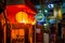 TOKYO, JAPAN JUNE 28 - 2017: Red lanterns with Japanesse letters at night in traditional back street bars in Shinjuku