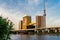 Tokyo, Japan, June 9, 2020: Day view of famous landmark Tokyo Skytree, Asahi Tower, Sumida River. The Asahi Beer Brewery