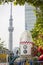 Tokyo, Japan May 3 ,2019 : tokyo sky tree standing beside a high building in front of rocket playground garden