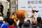 Tokyo, Japan - October 22, 2016: Japanese traditional drum dance Sukeroku Taiko female group performed at Shinjuku, Tokyo, Japan.