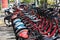 TOKYO, JAPAN - September 15, 2020 :  Rental bicycle decorated with Tokyo Olympic 2020 sticker at the parking lot