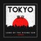 Tokyo, Japan typography graphics for slogan t-shirt with sun and silhouette of city landscape. Tee shirt print with grunge