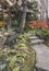 Tokyo Metropolitan Park KyuFurukawa japanese garden`s stone stairs in the forest leading to a thirteen storied stone pagoda