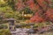 Tokyo Metropolitan Park KyuFurukawa`s japanese garden`s Yukimi stone lantern overlooking by red maple momiji leaves in autumn