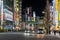 Tokyo`s famous electronics shopping area, Akihabara`s main street neon signs light up the night