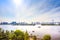 Tokyo sunset Skyline with Rainbow Bridge and bay from Odaiba. Japan