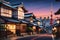 Tokyo Twilight: Cityscape at Dusk, Traditional Houses Lining the Street Captured in an Anime Art Style, Exuding Nostalgic Charm