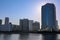 Tokyo under blue sky with bridges and Sumida river