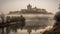 Toledo in mist from the Tagus River, AI generative