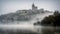 Toledo in mist from the Tagus River, AI generative