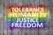 Tolerance, Humanity, Justice, Freedom and LGBT flag painted on concrete texture