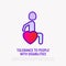 Tolerance to disabled thin line icon: man in wheelchair in heart shape. Symbol of support, care and understanding to people with