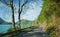 Toll road along walchensee lake shore at springtime