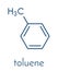 Toluene methylbenzene, toluol chemical solvent molecule. Skeletal formula.