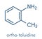 Toluidine ortho-toluidine, 2-methylaniline molecule. Suspected to be carcinogenic. Skeletal formula.