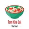 Tom kha gai thai soup icon, spicy tasty dish in colorful bowl isolated vector illustration.