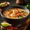 Tom Yam Kung ,Prawn and lemon soup with mushrooms, thai food in bowl. Generative Ai