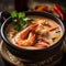 Tom Yam Kung ,Prawn and lemon soup with mushrooms, thai food in bowl. Generative Ai