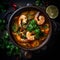 Tom Yam Kung ,Prawn and lemon soup with mushrooms, thai food in bowl. Generative Ai. top view