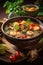 Tom Yam Kung, Prawn and lemon soup with mushrooms, Thai food in wooden bowl