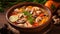 Tom Yam Kung, Prawn and lemon soup with mushrooms, Thai food in wooden bowl