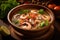 Tom Yam Kung, Prawn and lemon soup with mushrooms, Thai food in wooden bowl